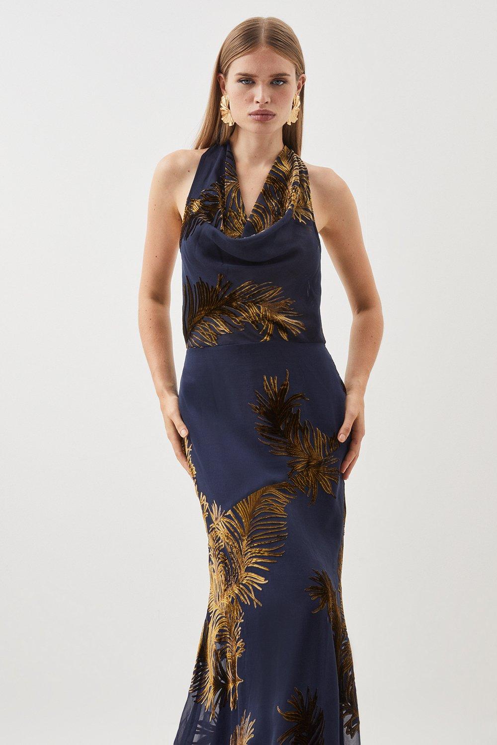 Тканое платье миди с вырезом через шею Feather Devore Karen Millen, темно-синий