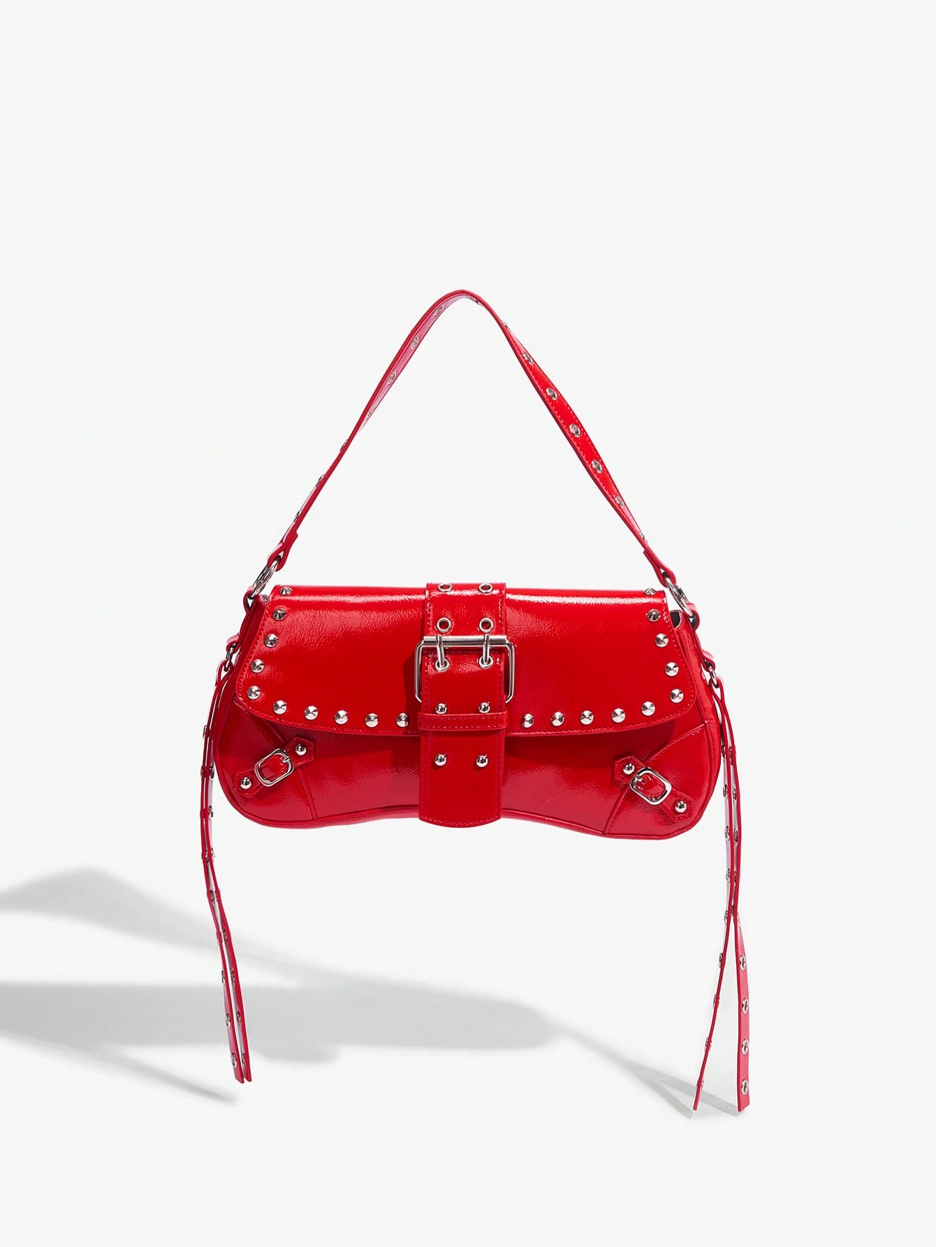 цена SHEIN SXY Женская модная простая черная сумка через плечо с заклепками, красный