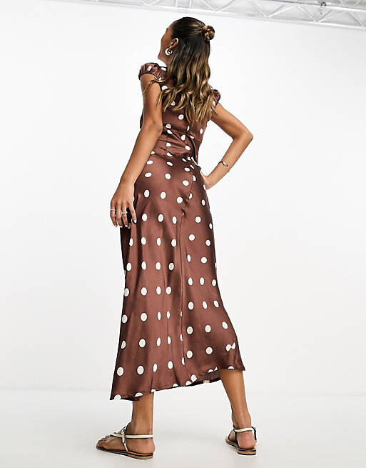 

Атласное чайное платье миди ASOS DESIGN с кружевной отделкой шоколадного цвета