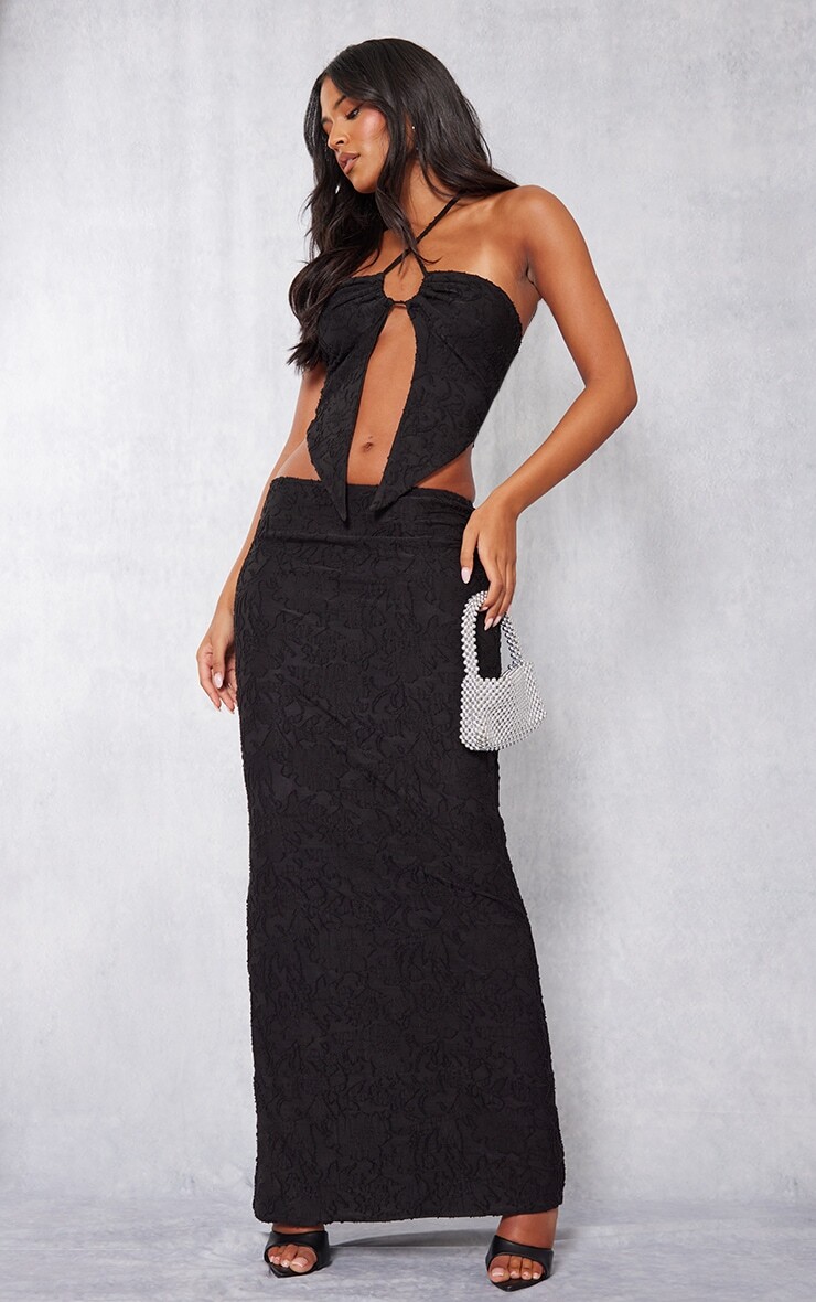 

PrettyLittleThing Высокая черная макси-юбка с цветочным узором