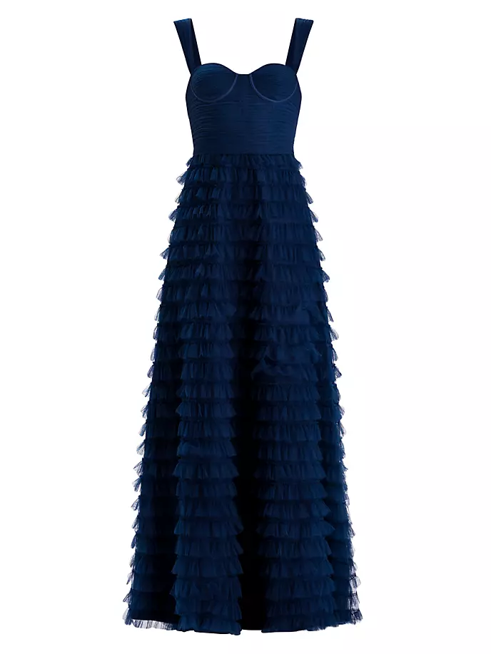 Многоярусное платье с рюшами Zac Posen, цвет midnight