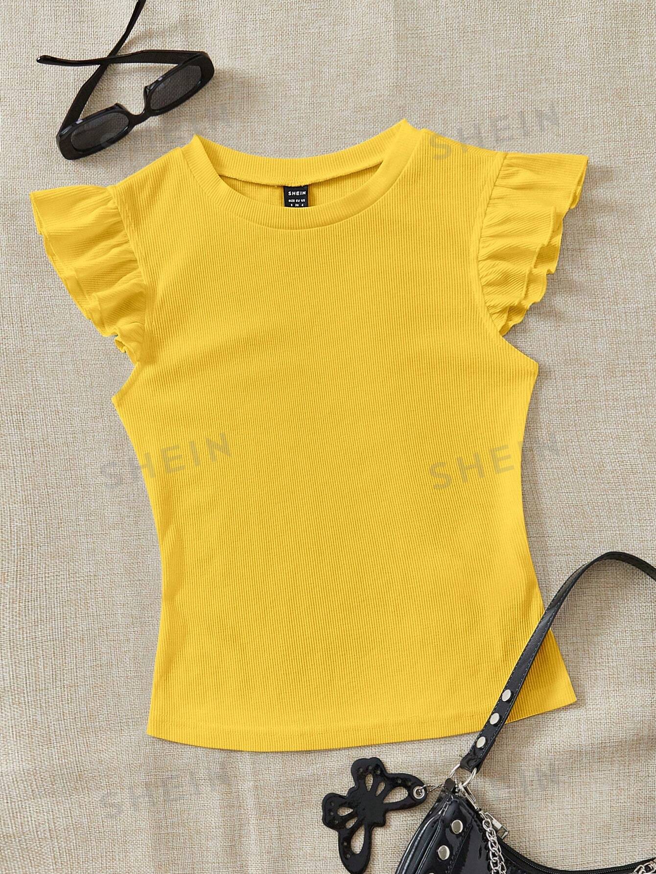 SHEIN WYWH трикотажная однотонная женская футболка с круглым вырезом и короткими рукавами, желтый