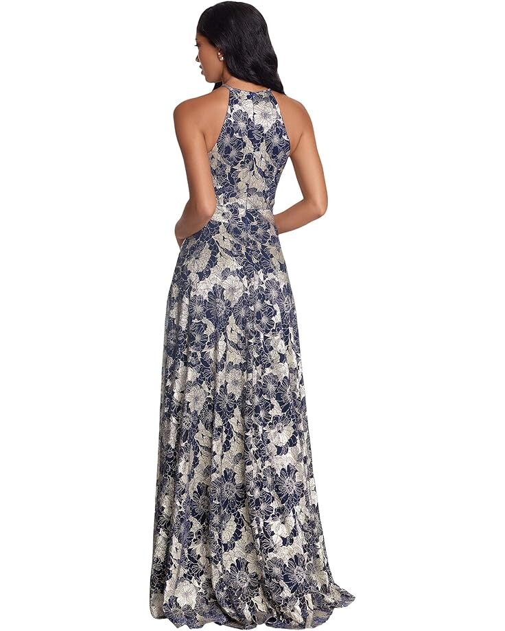 

Платье Betsy & Adam Long Foil Print Halter Gown with Wrap Skirt, цвет Navy/Gold