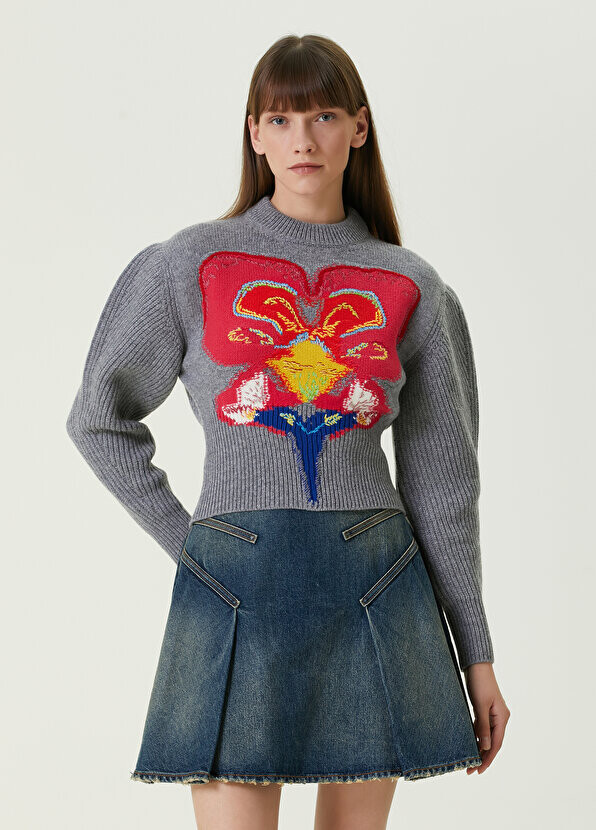 

Серый жаккардовый шерстяной свитер с воротником-стойкой Alexander McQueen