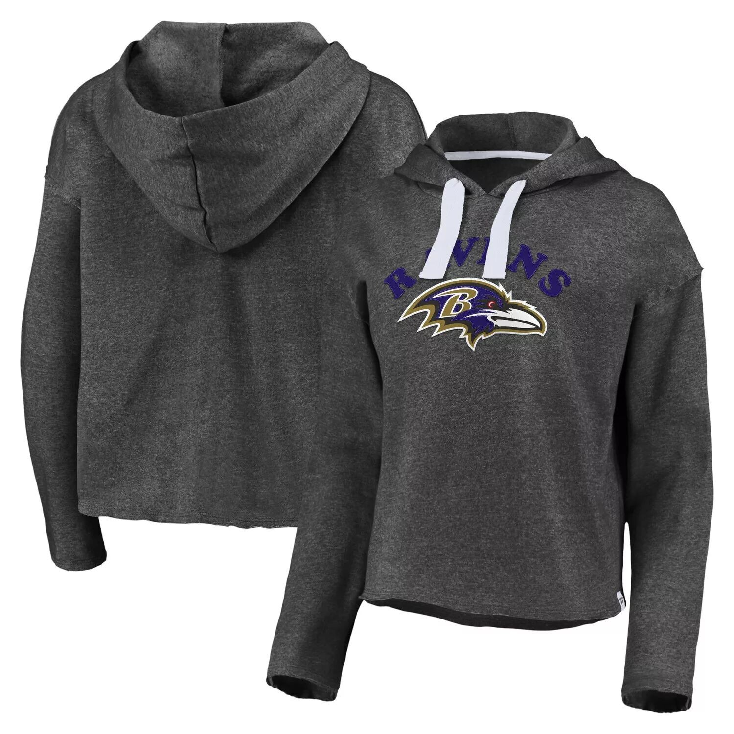 

Женская толстовка с капюшоном Fanatics с принтом цвета древесного угля Baltimore Ravens с историческим логотипом Sport Resort, винтажная дуга с укороченным пуловером с необработанными краями Fanatics