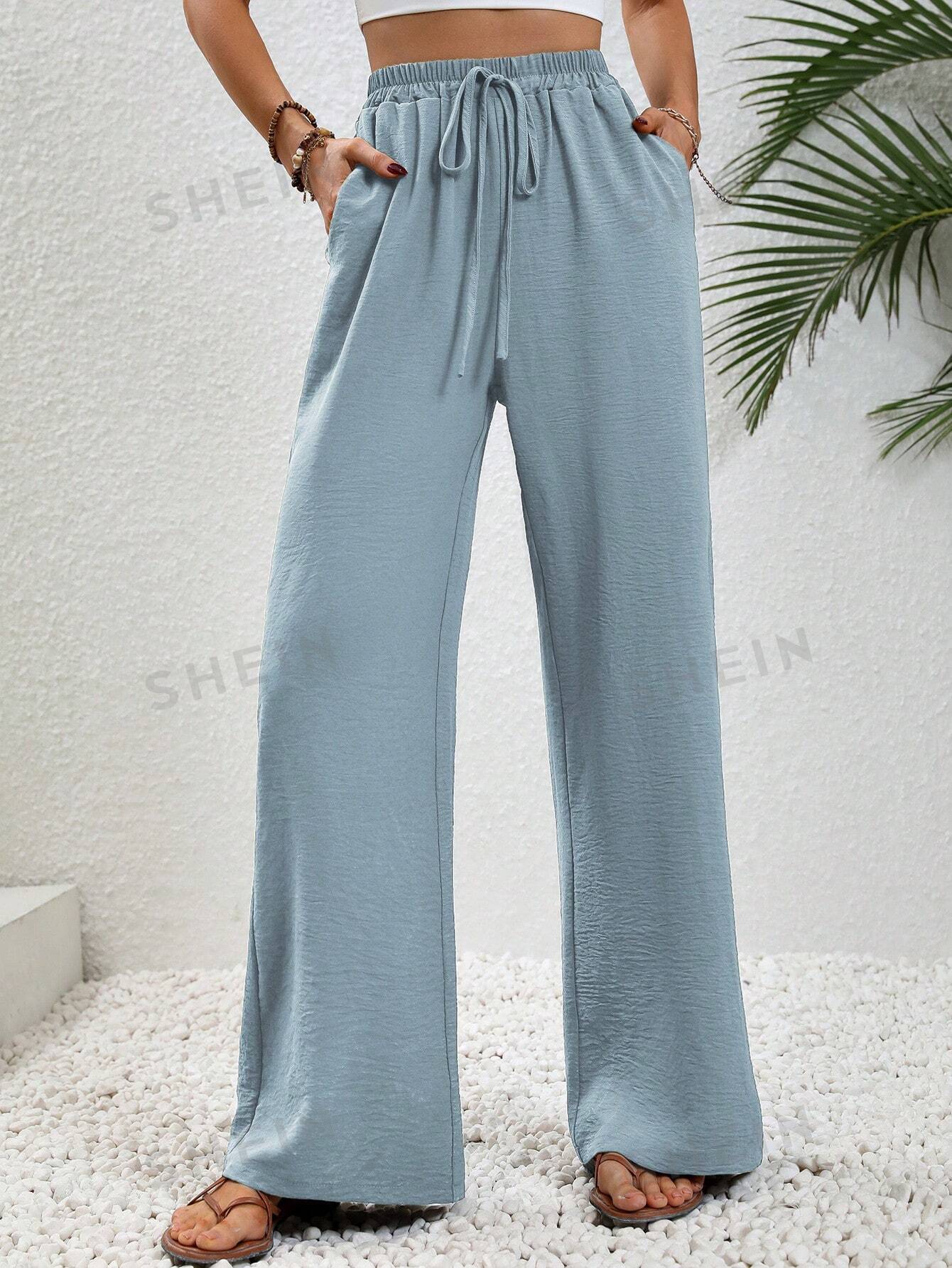 SHEIN LUNE женские однотонные длинные брюки с завышенной талией и завязками на талии и карманами, темно-серый