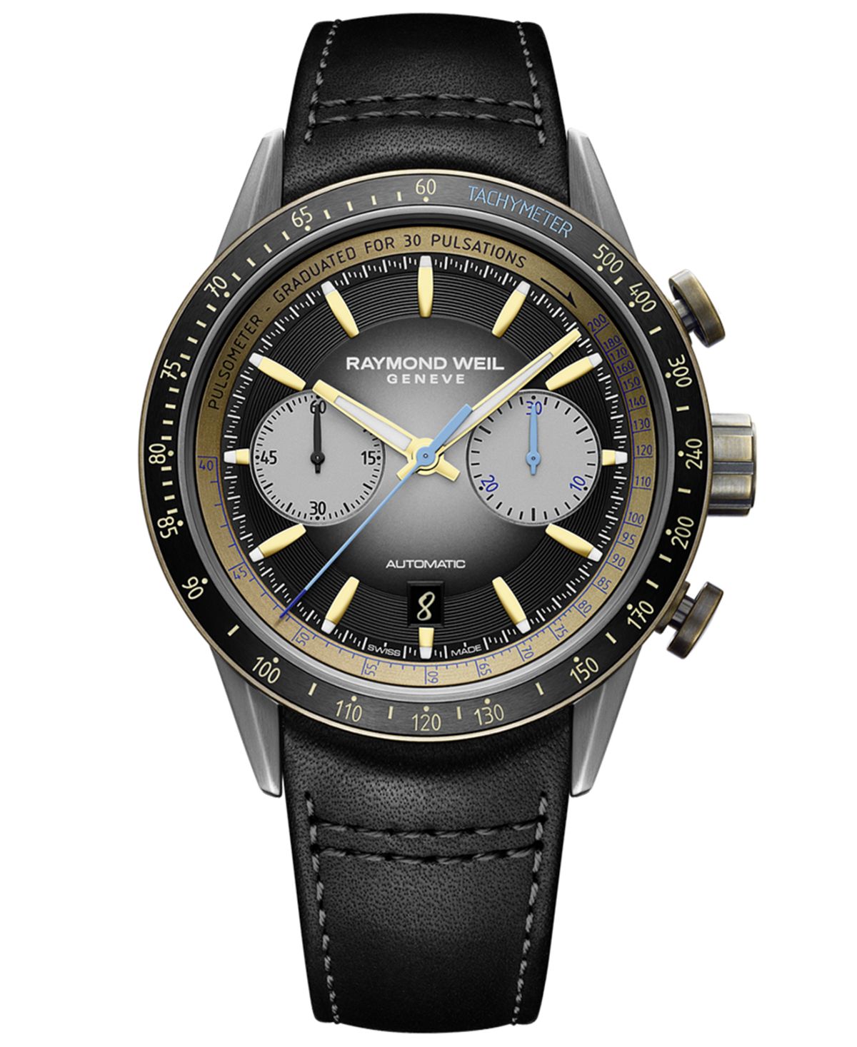 Мужские швейцарские автоматические часы с хронографом Freelancer с черным кожаным ремешком, 44 мм Raymond Weil