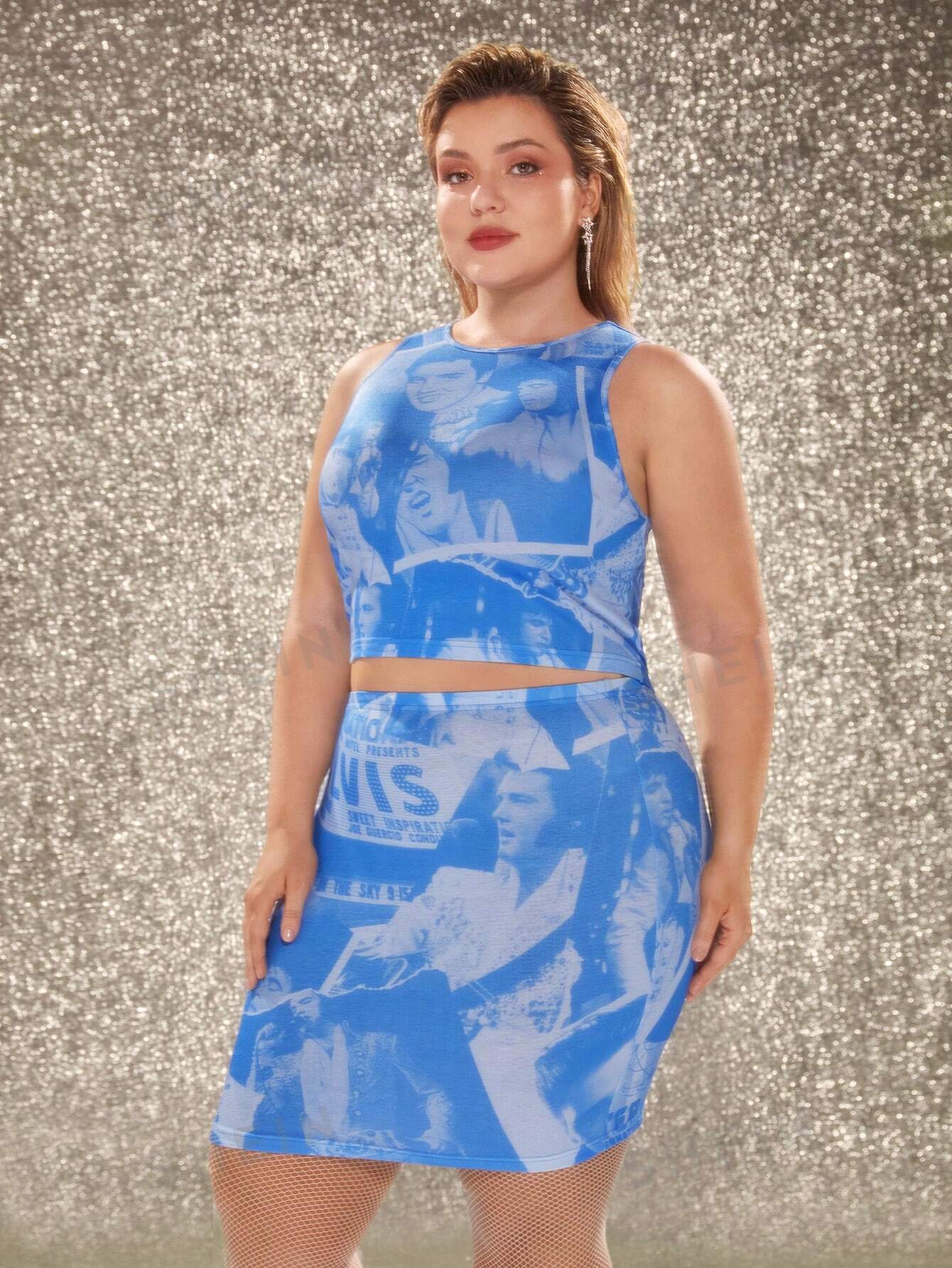 Майка и юбка с графическим рисунком SHEIN Plus, королевский синий