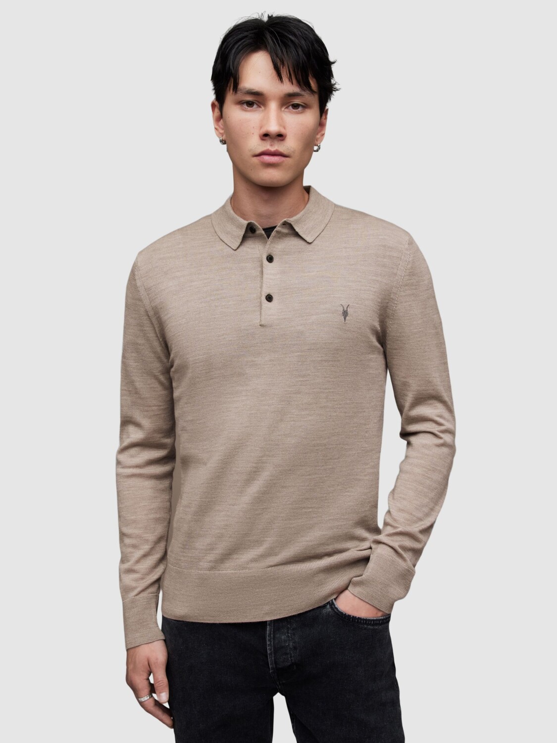 

Рубашка-поло AllSaints Merino с длинным рукавом, темно-серо-коричневый