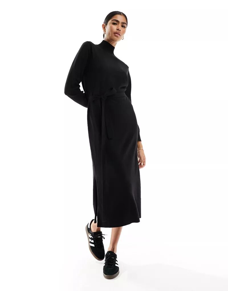 Черное трикотажное платье миди с поясом New Look