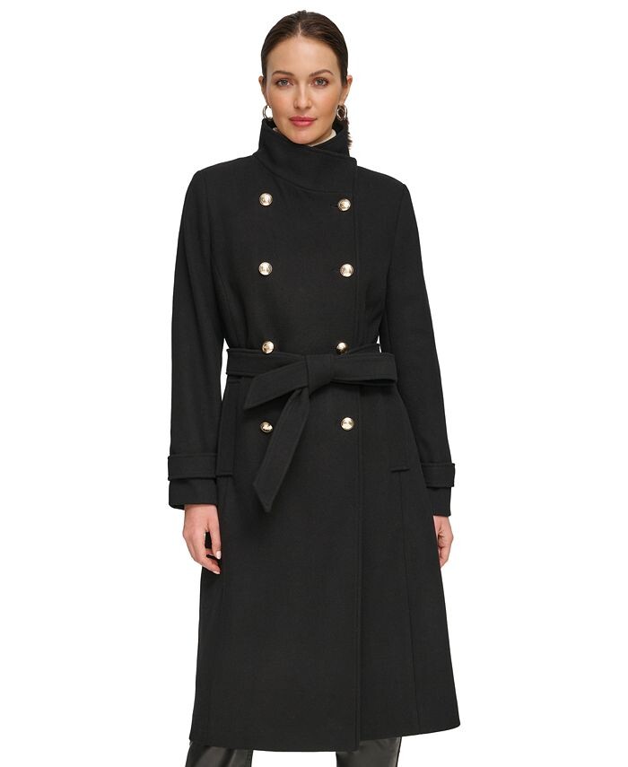 

Женское двубортное пальто из смесовой шерсти с поясом DKNY, черный