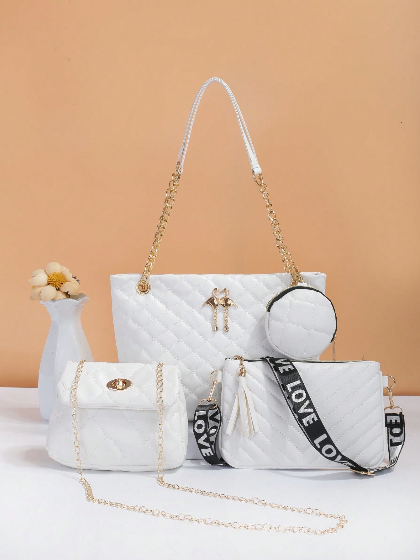 Набор женских сумочек из 4 предметов со стежками, белый