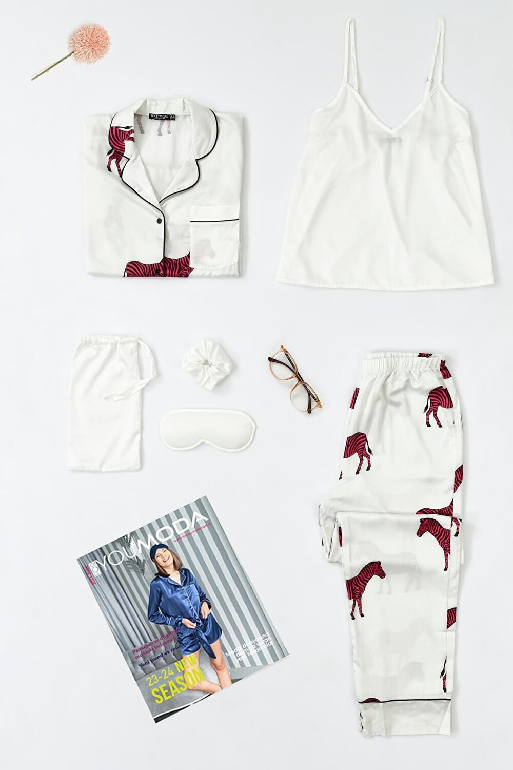 

Атласный пижамный комплект цвета зебры из 6 предметов цвета экрю FOR YOU MODA