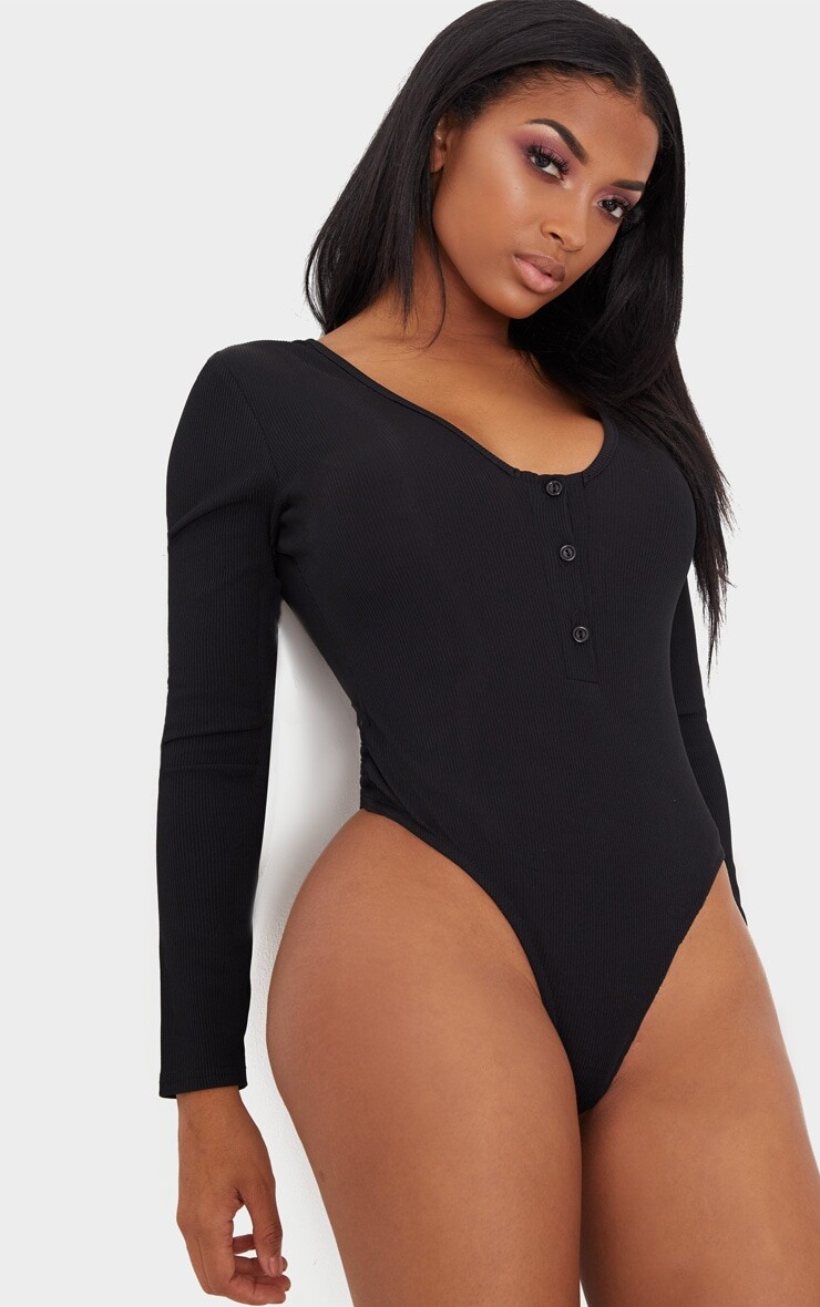 

PrettyLittleThing Черное боди в рубчик с длинными рукавами Shape