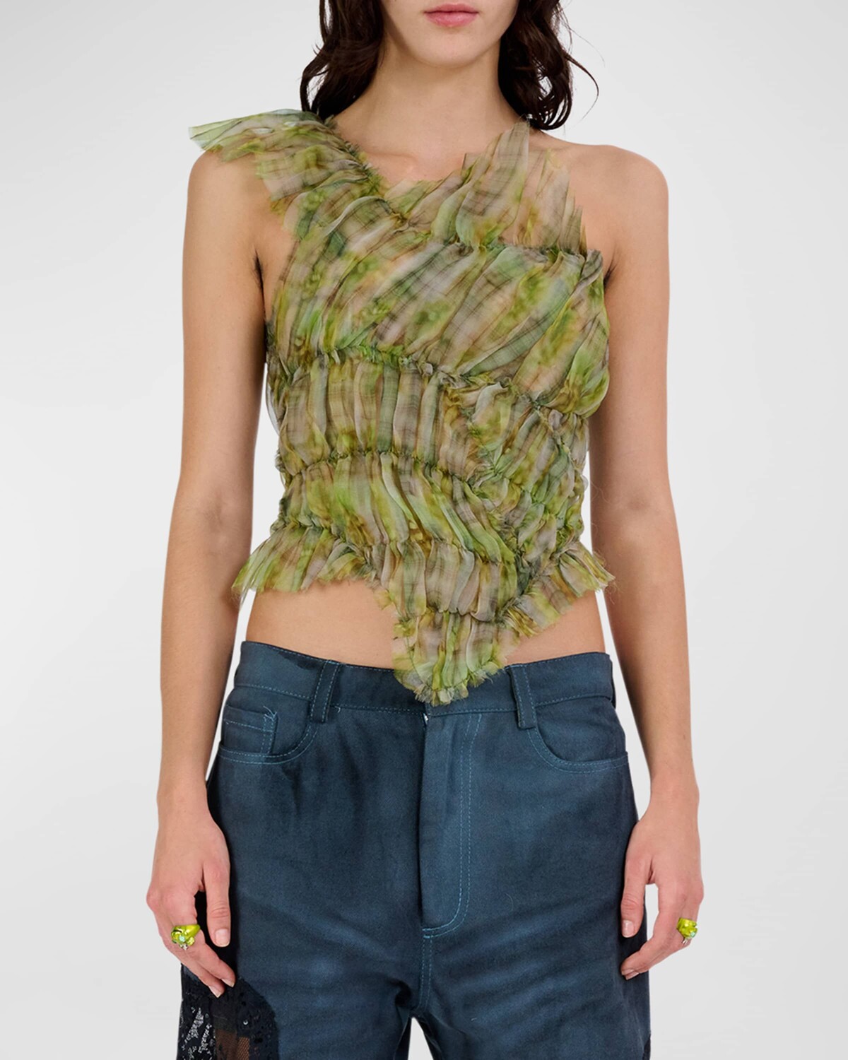 

Укороченный топ на одно плечо Jazzelle со сборками Collina Strada, цвет Yellow Boxer Plaid