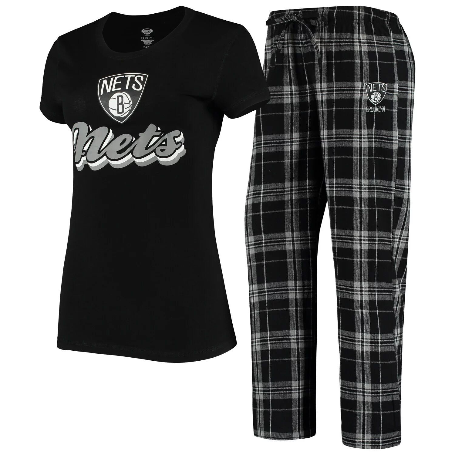 

Женский комплект для сна, черная/серая футболка и брюки Brooklyn Nets Ethos Concepts Sport