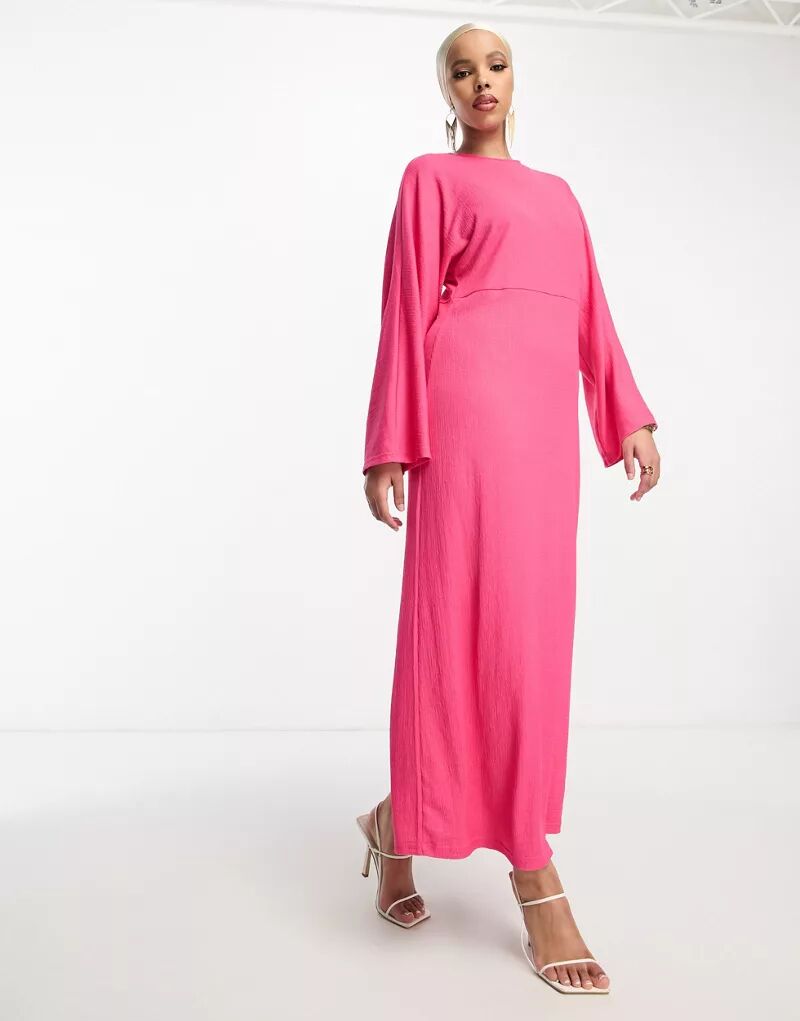 Розовое платье макси из рубчатого джерси с рукавами летучая мышь Trendyol