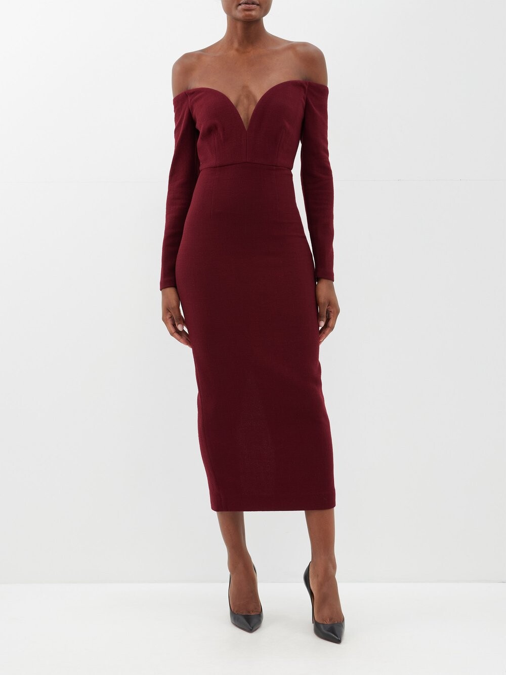 

Платье миди из шерстяного крепа с открытыми плечами Roland Mouret, красный