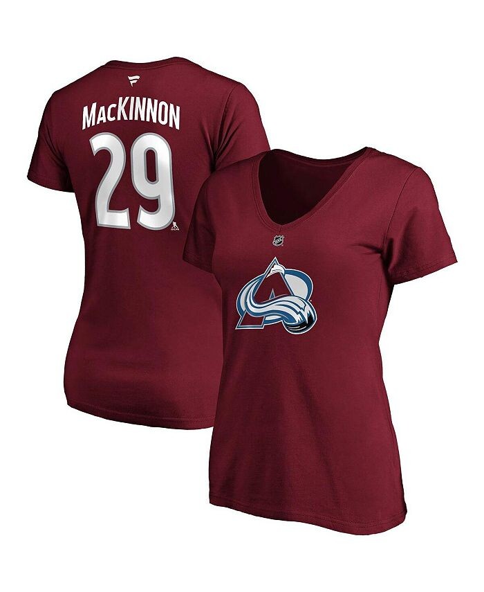 

Женская брендовая футболка Nathan MacKinnon бордового цвета Colorado Avalanche размера плюс с v-образным вырезом с именем и номером Fanatics, красный