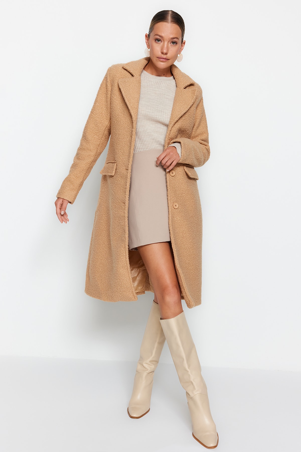 Пальто Trendyol длинное из букле, светло-коричневый пальто zara masculine wool светло коричневый