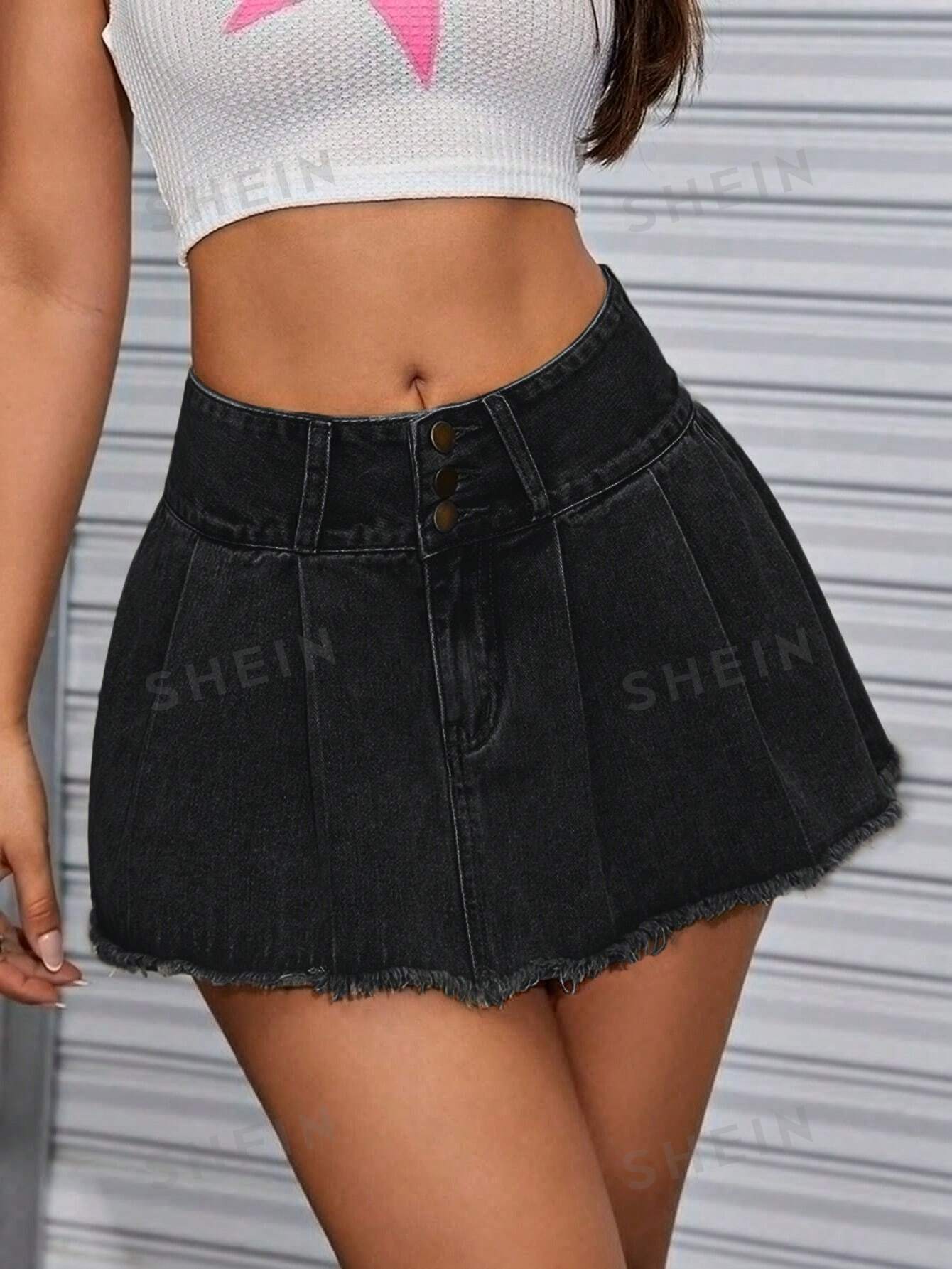 SHEIN ICON Coolmax Женская джинсовая юбка со складками, черный
