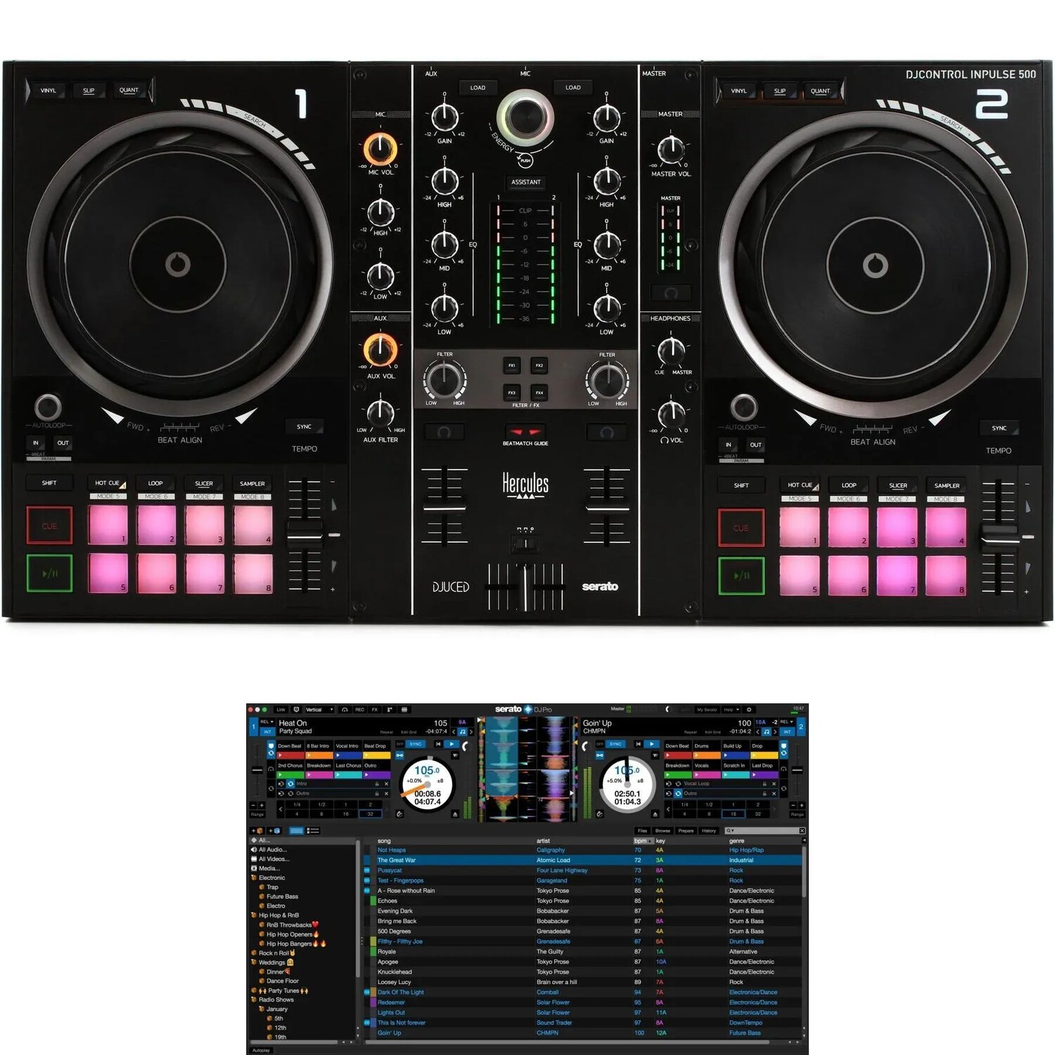 

Контроллер Hercules DJ DJControl Inpulse 500 и комплект Serato