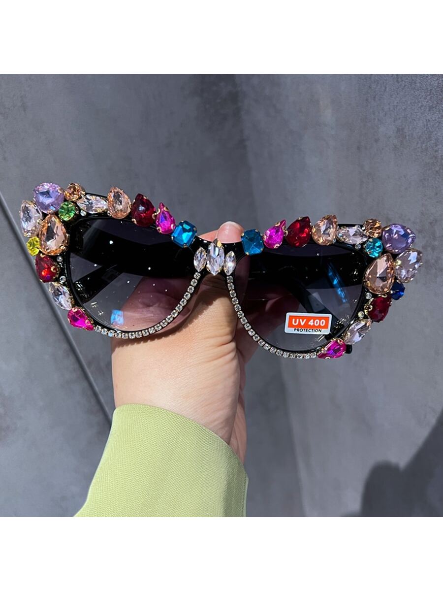 цена 1шт женские солнцезащитные очки «кошачий глаз» с украшением из хрустального стекла и большой оправой