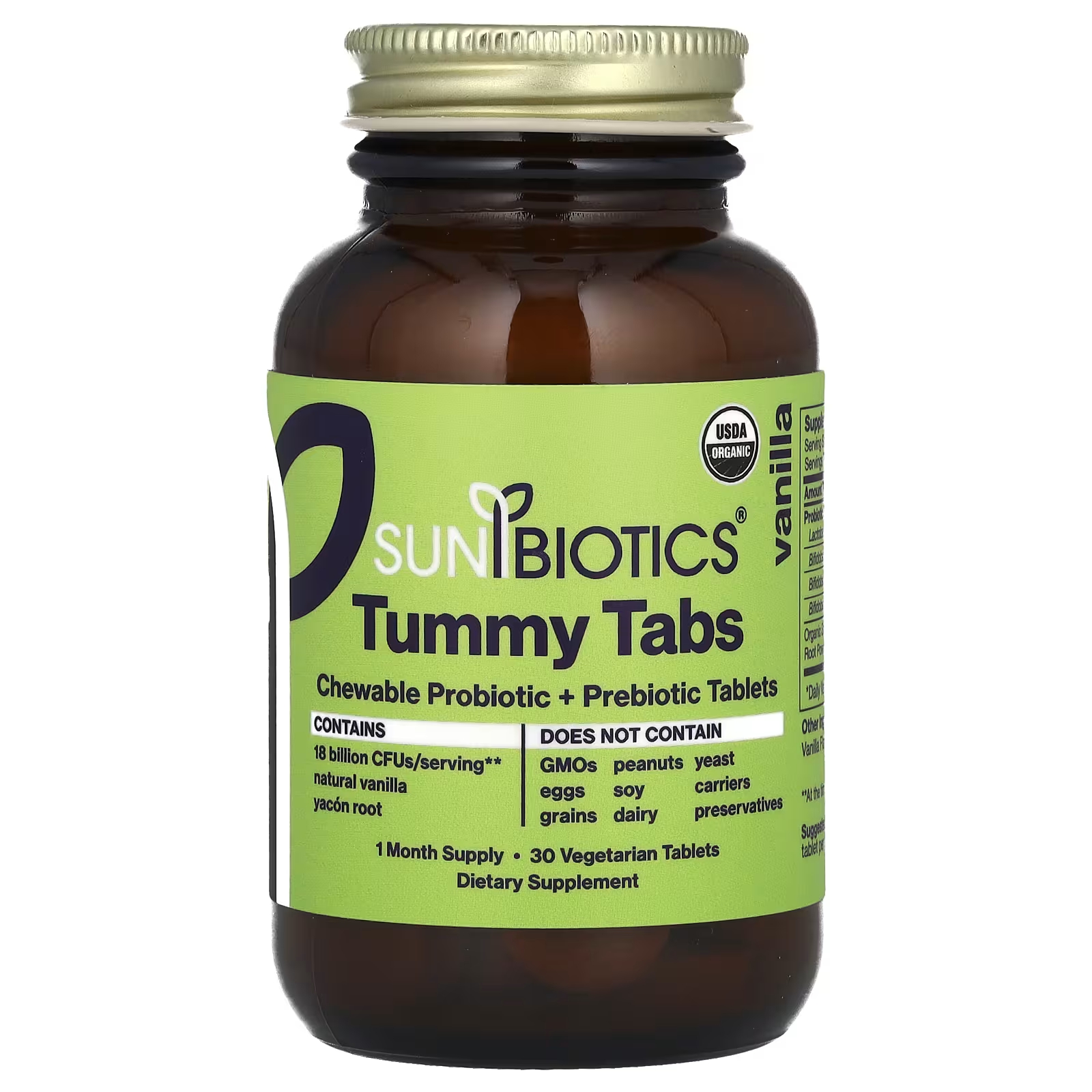 Пробиотики + пребиотики Tummy Tabs Sunbiotics с ванилью, 30 вегетарианских таблеток sunbiotics сильные пробиотики с органическими пребиотиками корня якона 30 вегетарианских таблеток