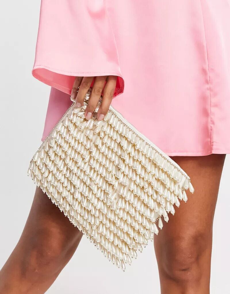

Сумка-клатч цвета слоновой кости ASOS с жемчужным декором и застежкой-молнией сверху