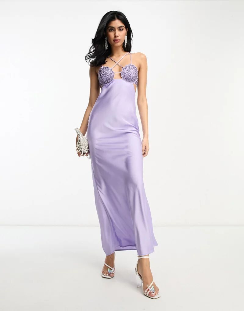 Пурпурное атласное платье миди крючком с вырезами ASOS