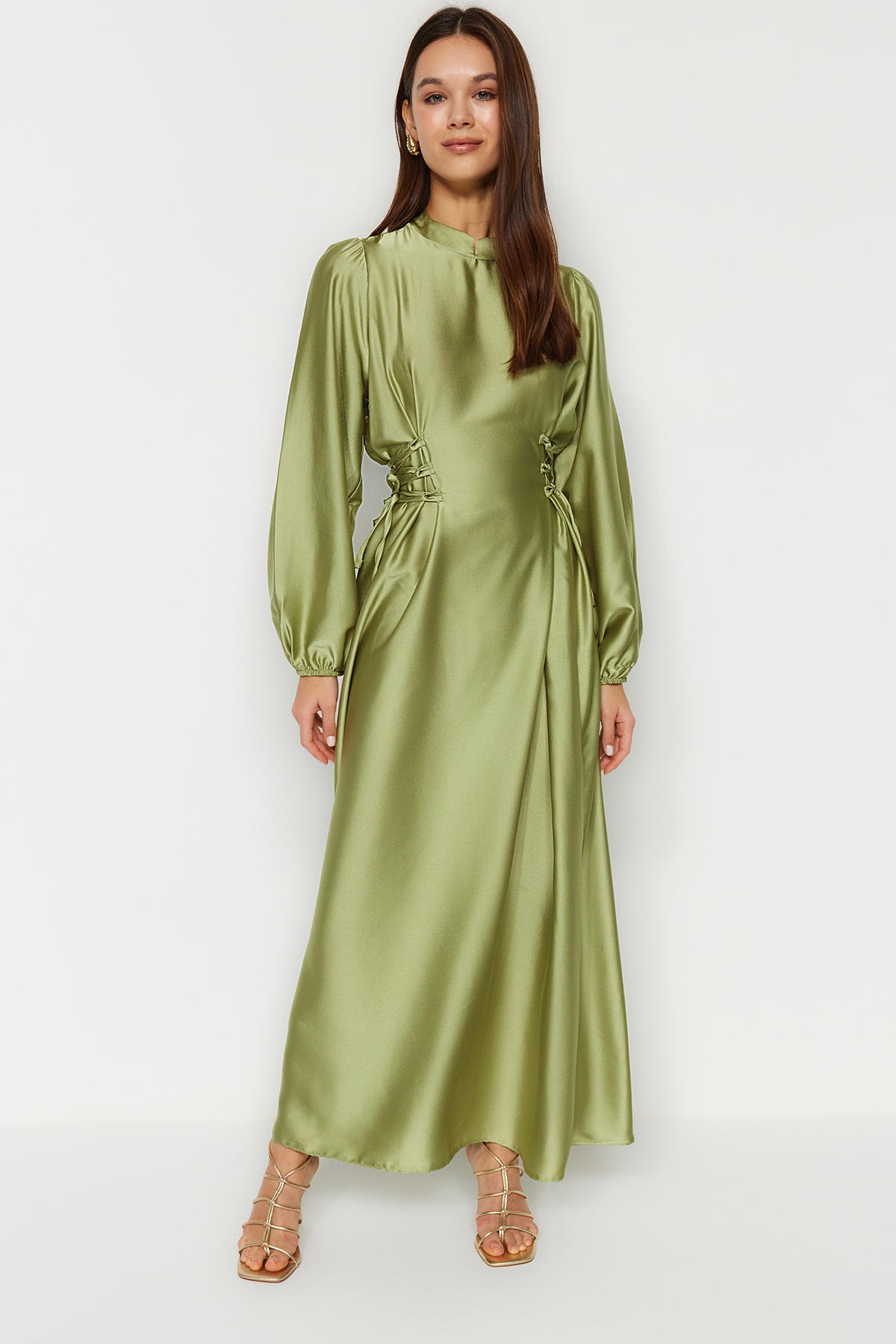 Атласное вечернее платье зеленого цвета с талией Trendyol Modest, зеленый