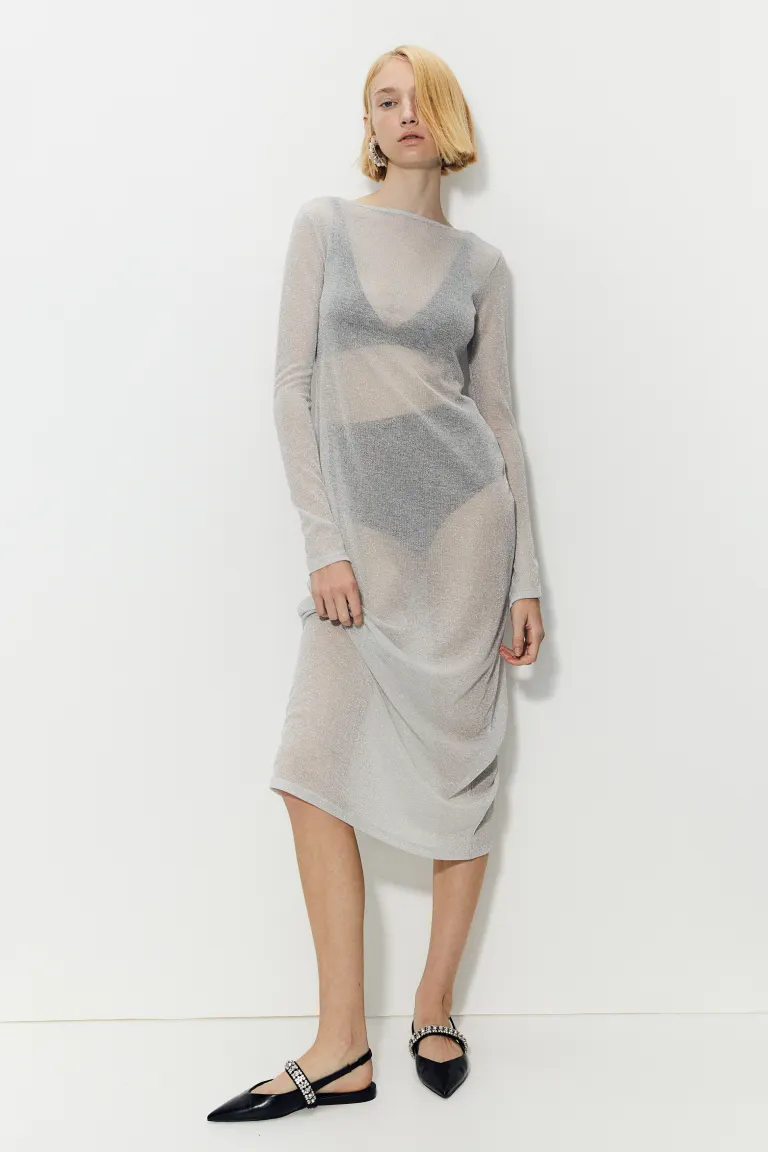 Блестящее сетчатое платье H&M, серебряный