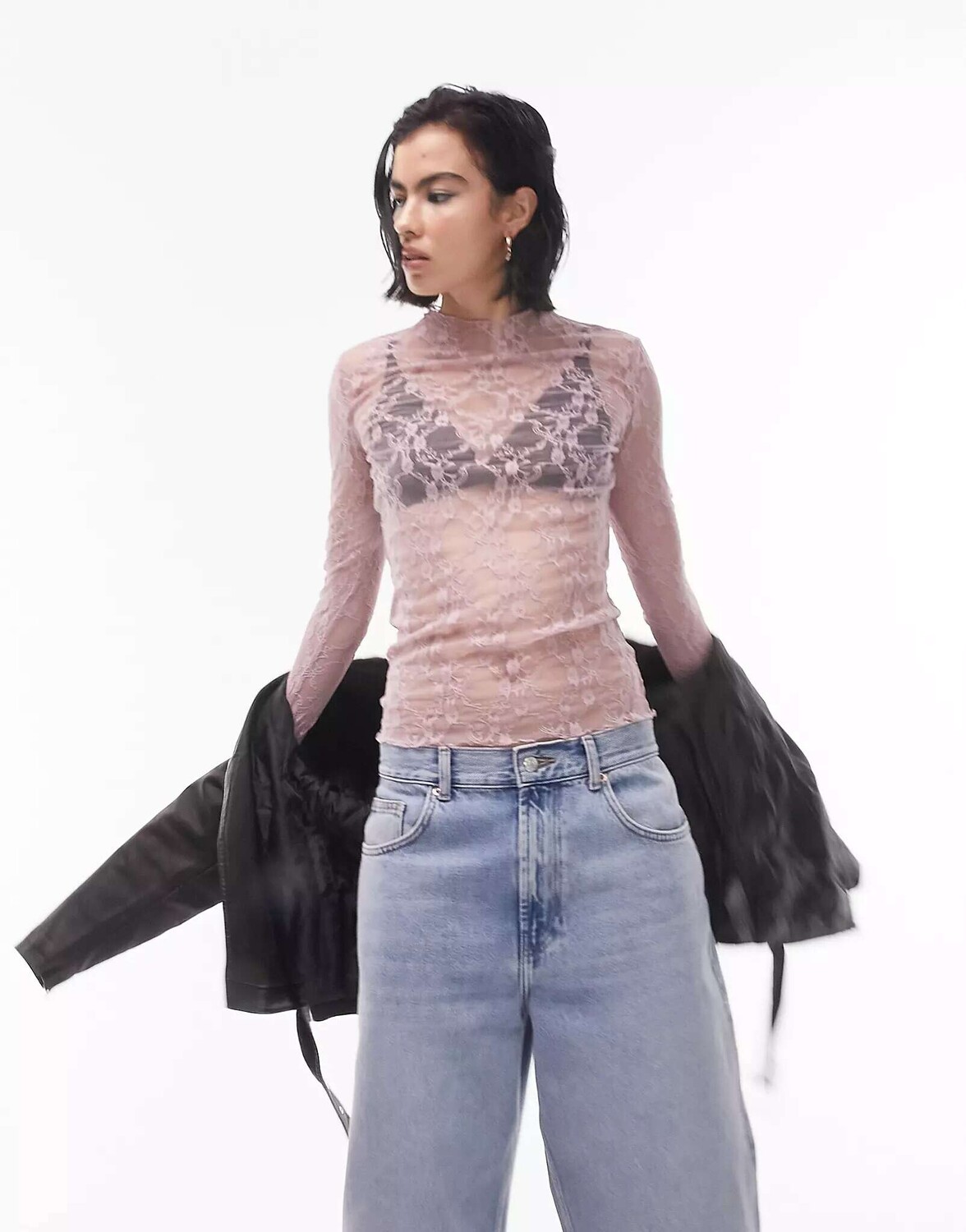 

Нежно-розовый кружевной топ с длинными рукавами Topshop