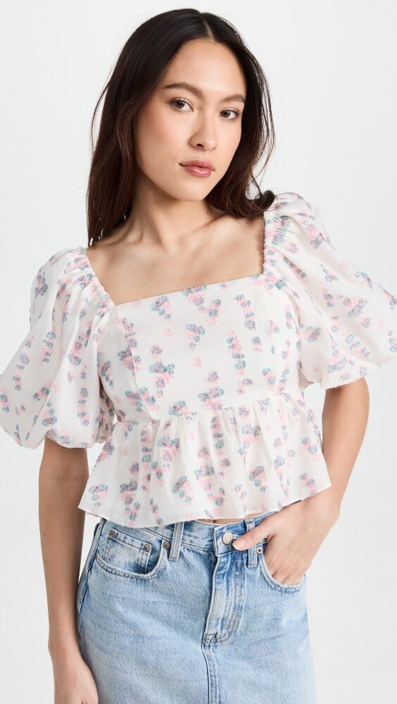 

Топ endless rose Square Neck Puff Sleeve Jacquard, слоновая кость