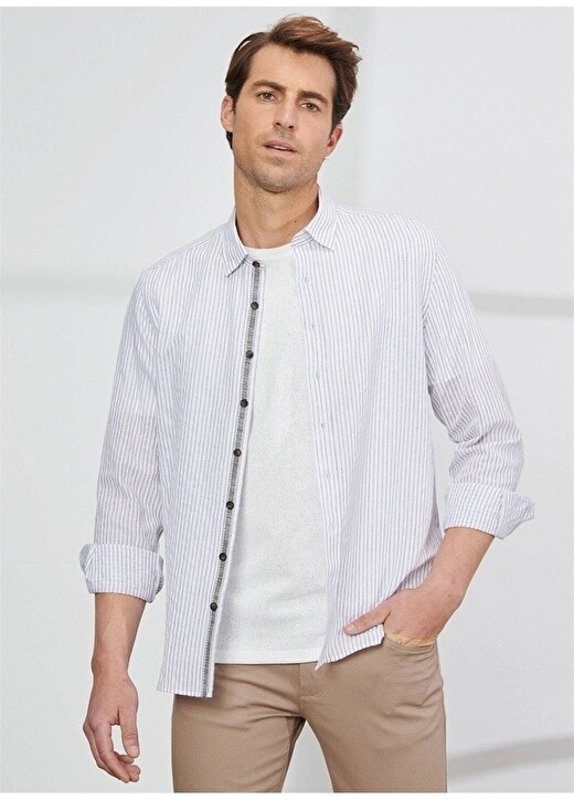

Slim Fit с воротником на пуговицах, белая - темно-синяя мужская рубашка Altınyıldız Classic