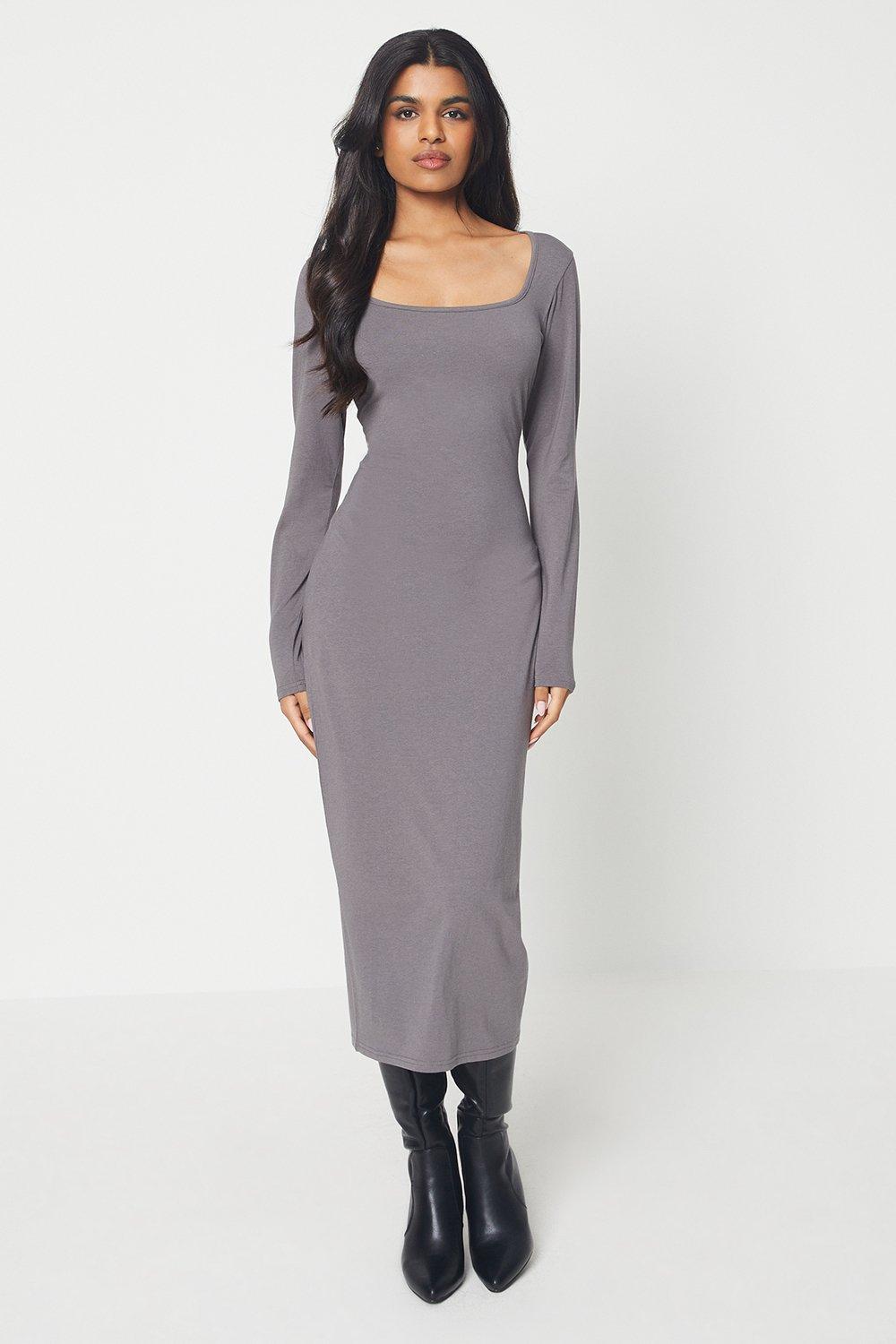 Миниатюрное платье миди с квадратным вырезом и длинными рукавами Soft Touch Oasis, серый
