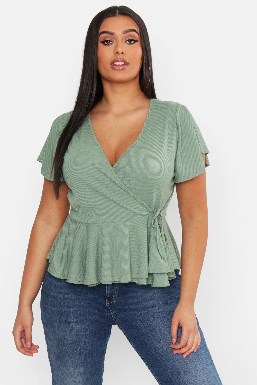 

Топ с баской и рукавами plus rib wrap wrap Boohoo, шалфей