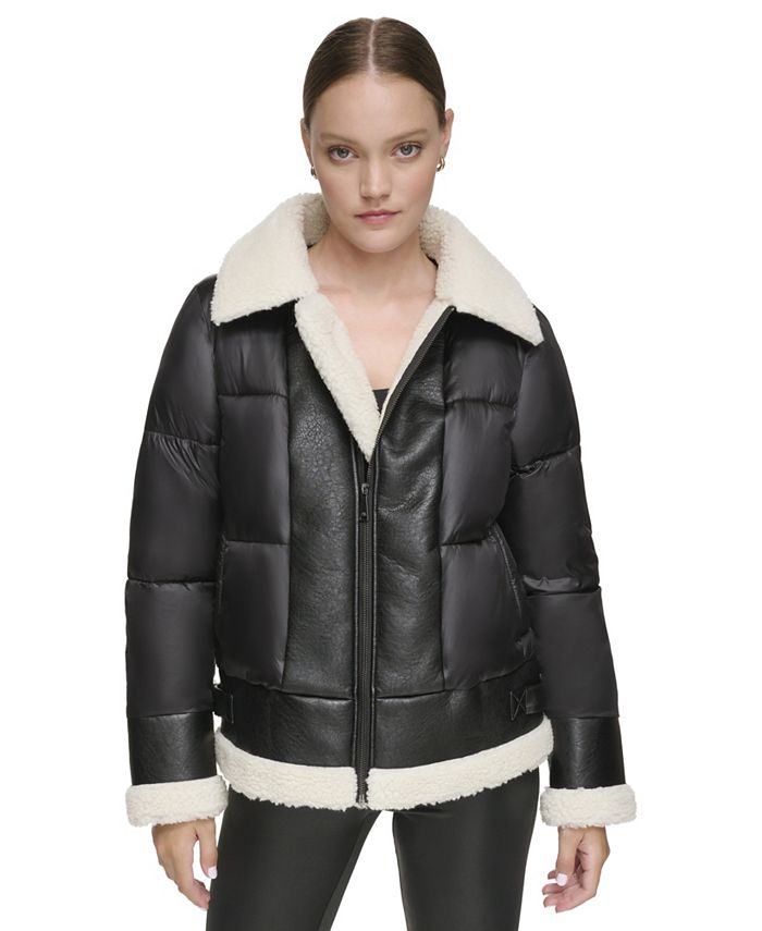 цена Женская комбинированная куртка-пуховик с искусственной кожей и отделкой из шерпа Andrew Marc Sport, черный