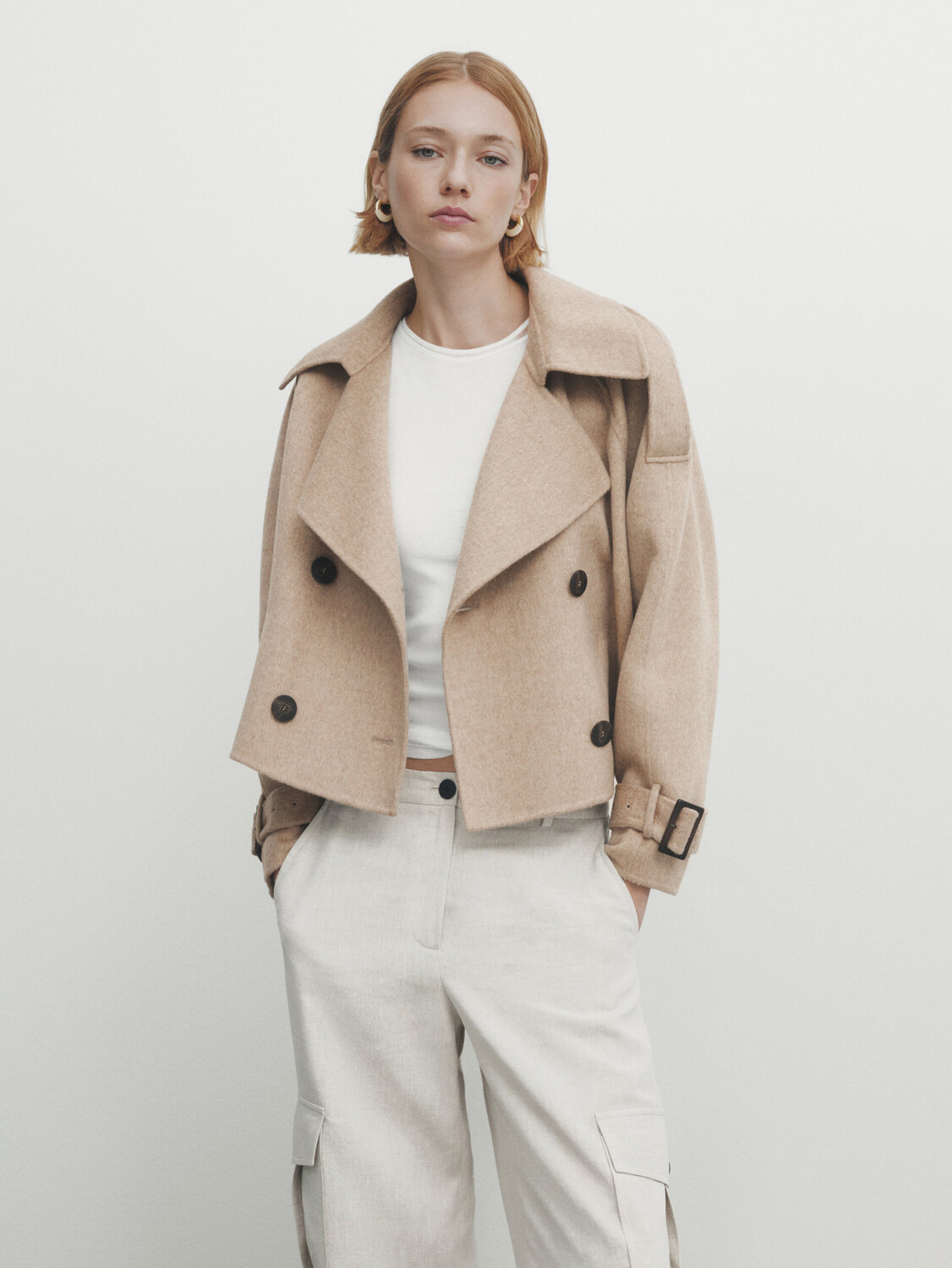 

Укороченный тренч из полушерсти Massimo Dutti, кэмел