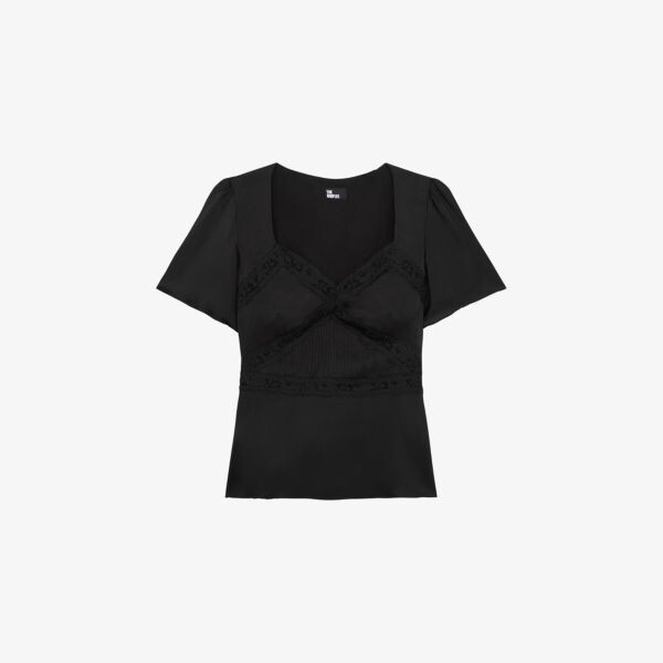 

Тканый топ с кружевной отделкой и короткими рукавами The Kooples, черный