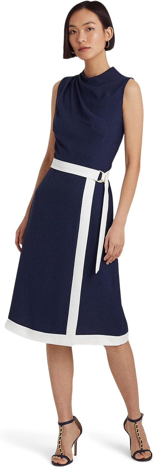 

Платье из крепа с поясом и воротником-стойкой LAUREN Ralph Lauren, цвет French Navy/White