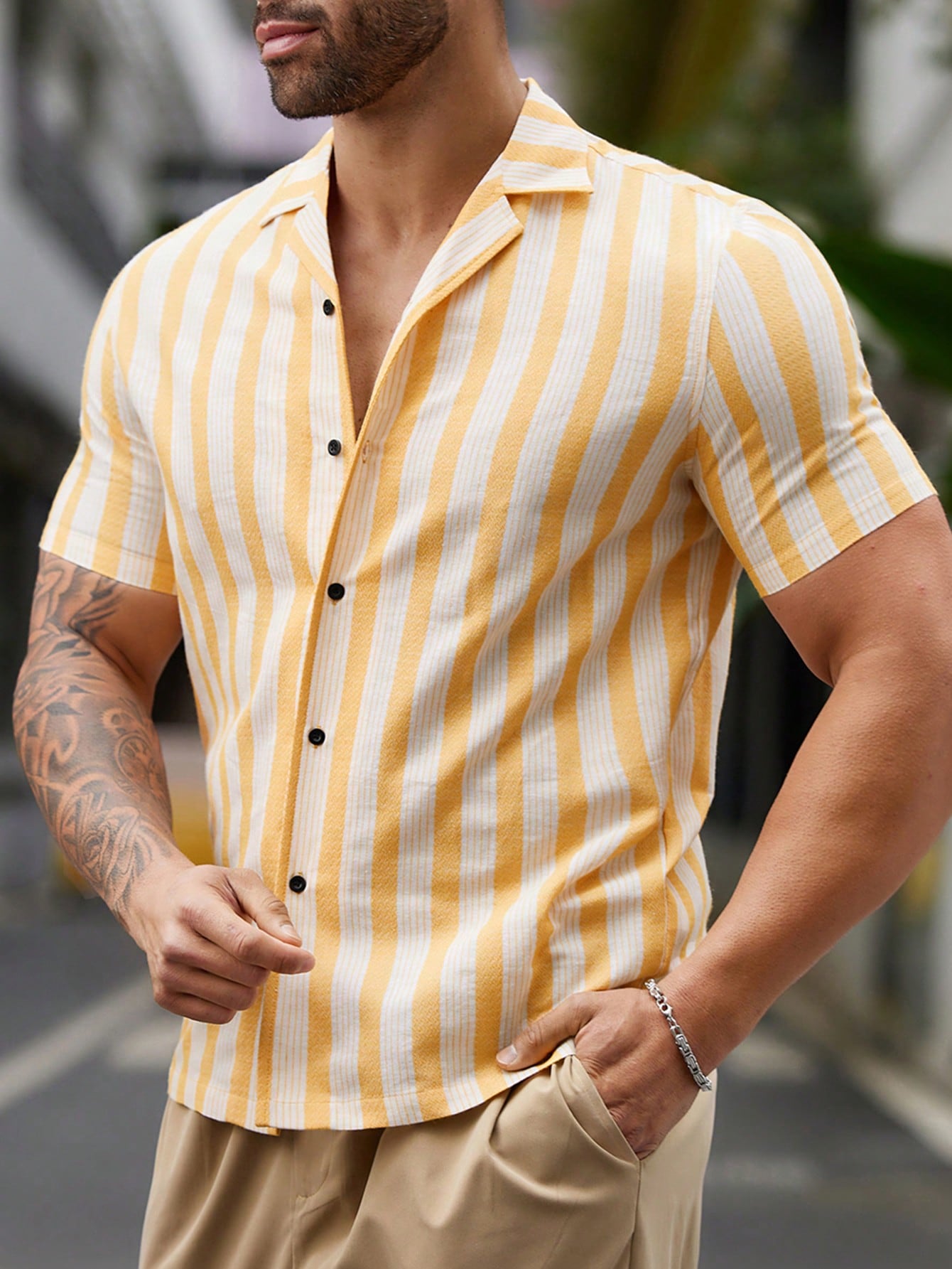 Мужская тканая рубашка в полоску с коротким рукавом Manfinity Homme, желтый рубашка мужская из ткани оксфорд с коротким рукавом в полоску 100% хлопок