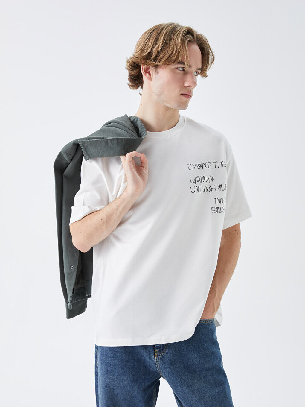 

Мужская футболка с круглым вырезом и коротким рукавом с принтом LCW Casual, экрю