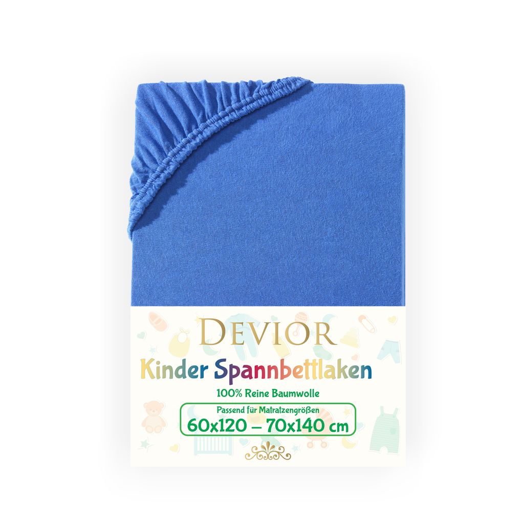 

Детская простыня Devior Jersey 60x120 - 70x140 см. Простыня королевского синего цвета 100% хлопок, высота матраса до 12 см, резинка