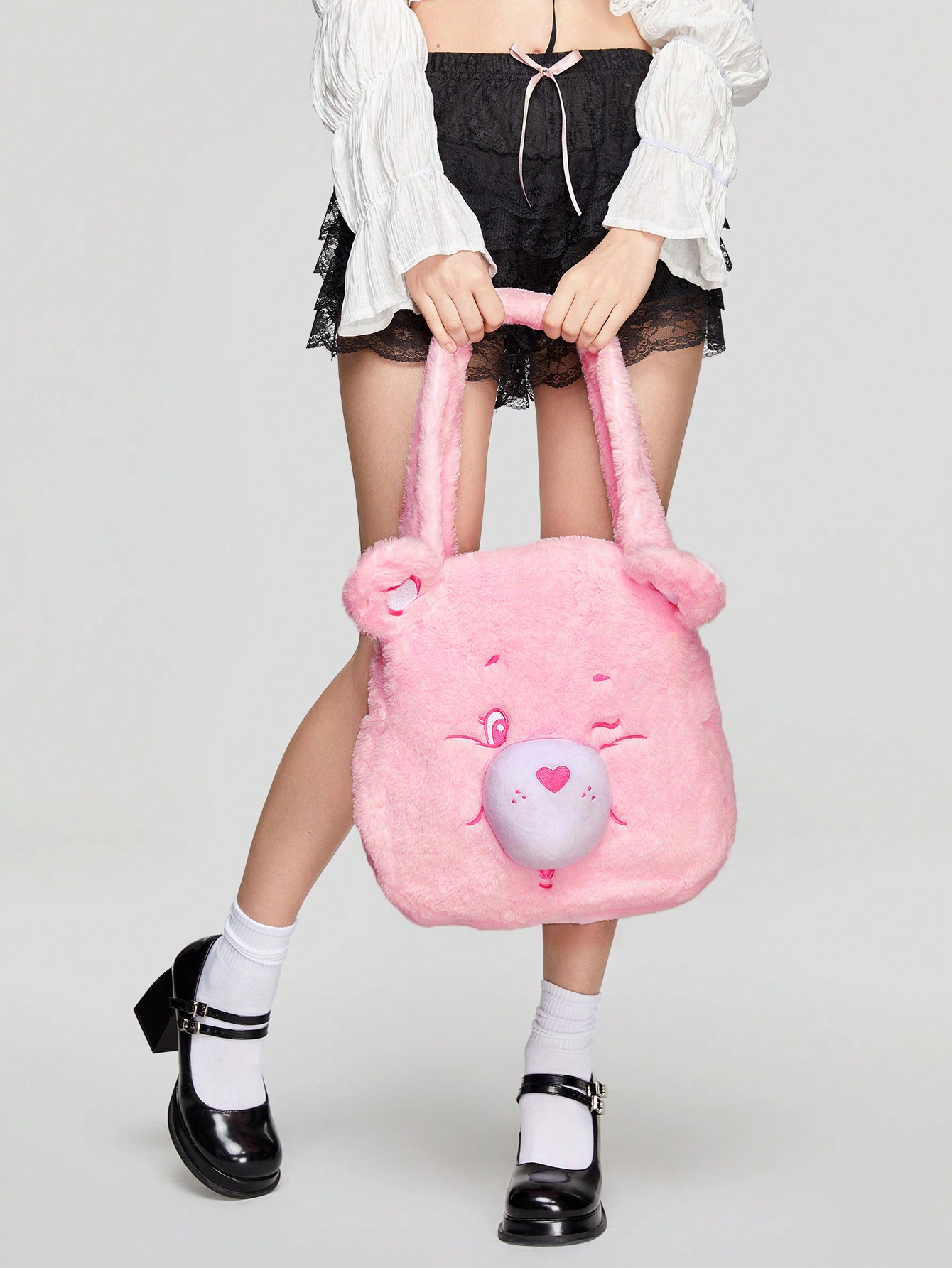 цена ROMWE X Care Bears Collaboration Светло-розовая плюшевая большая сумка на одно плечо, детский розовый