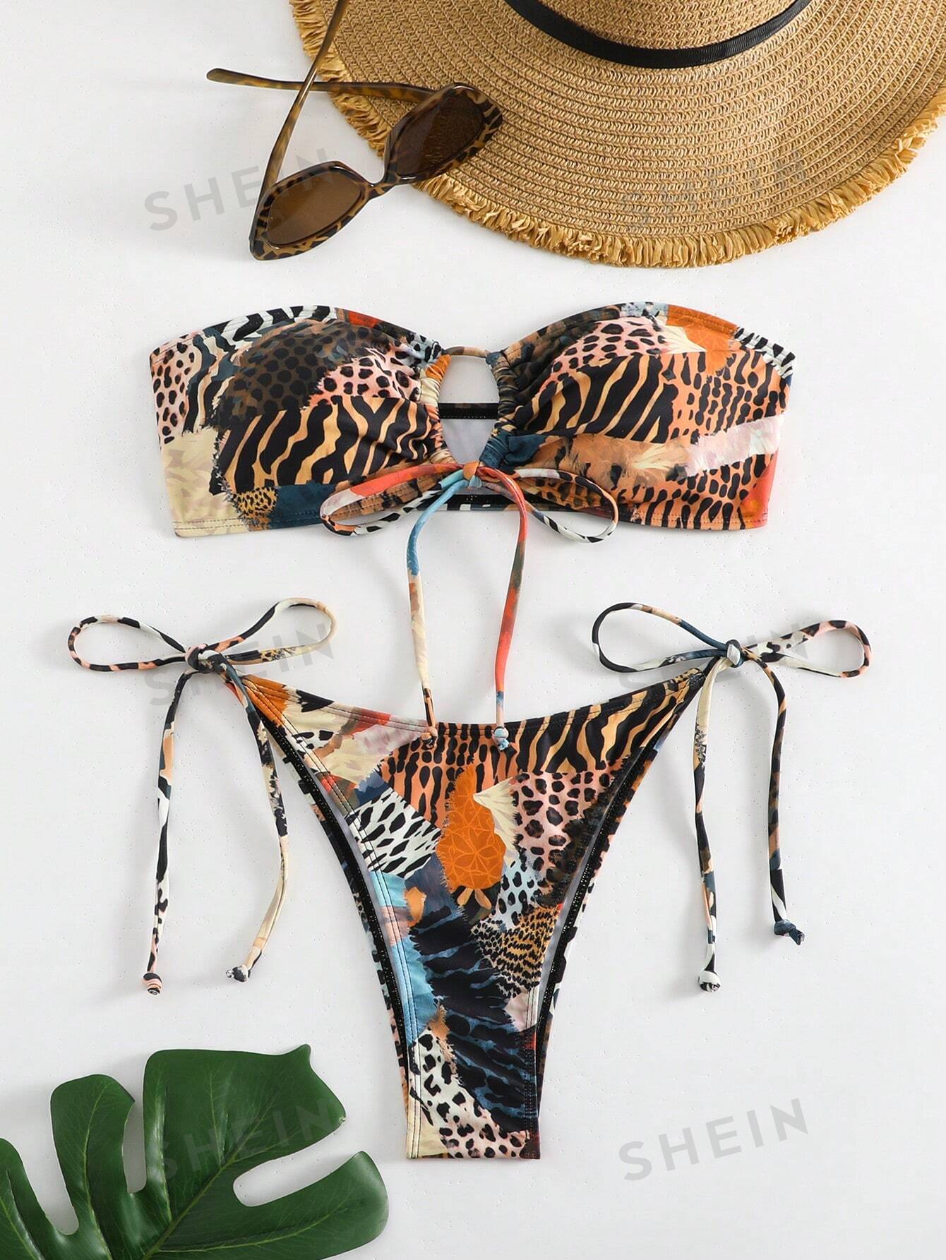 Женский комплект бикини-бандо с животным принтом, случайный принт, многоцветный новинка 2023 женское бикини со стразами женский купальник раздельный купальный костюм женский пляжный комплект бикини с заниженной талией