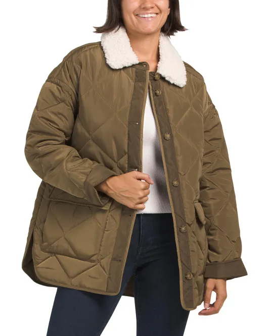 

Стеганое пальто оверсайз с фигурным воротником из искусственного меха Lucky Brand, цвет Olive
