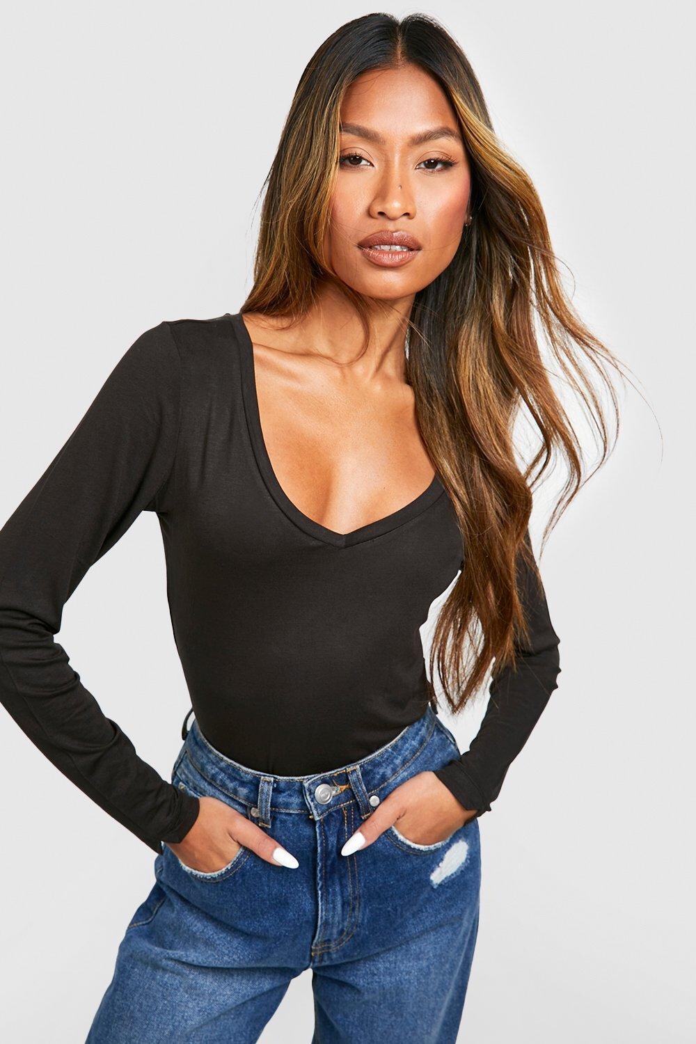 

Боди с длинным рукавом и v-образным вырезом Boohoo, черный