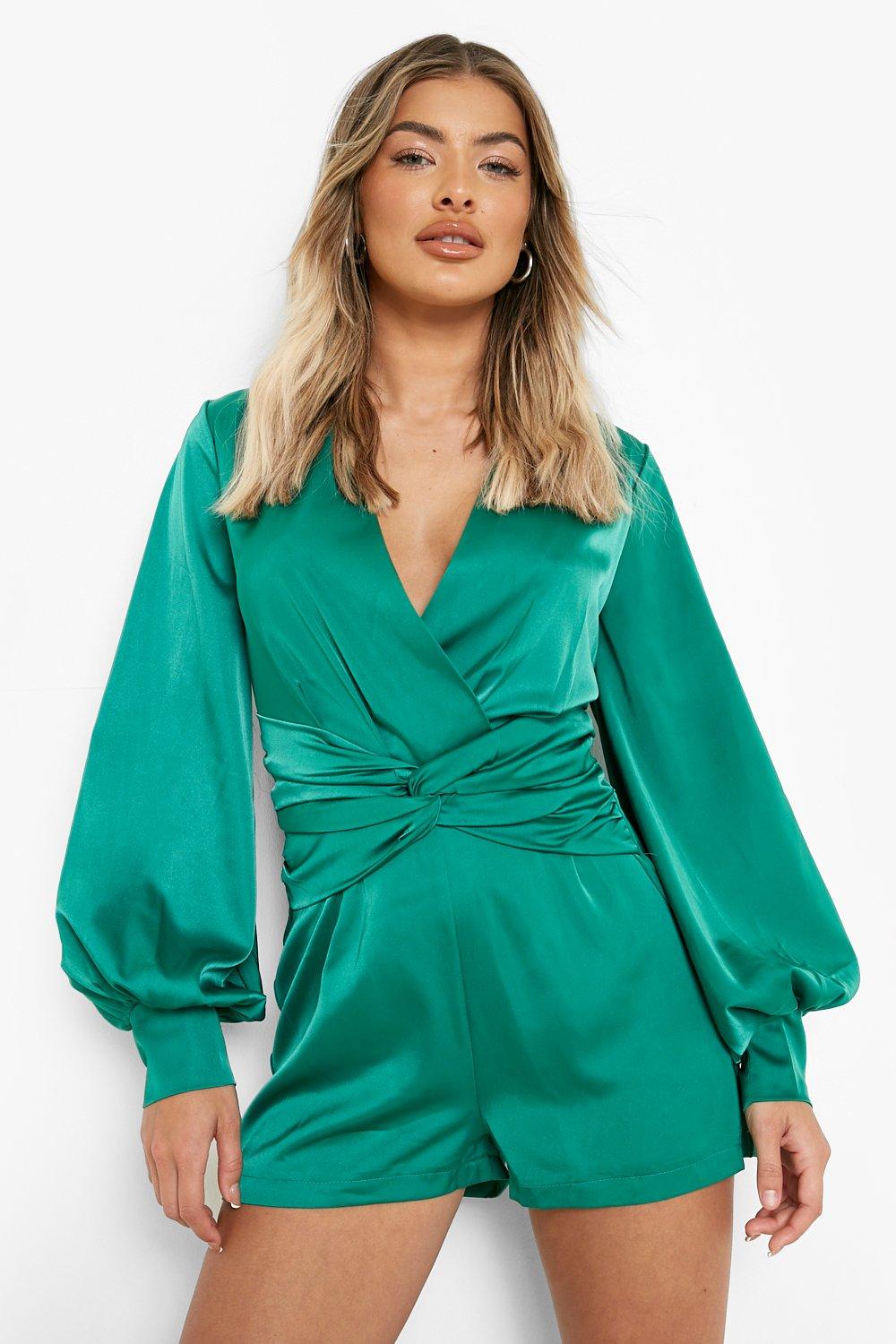 цена Атласный блузон комбинезон с рукавами Boohoo, зеленый