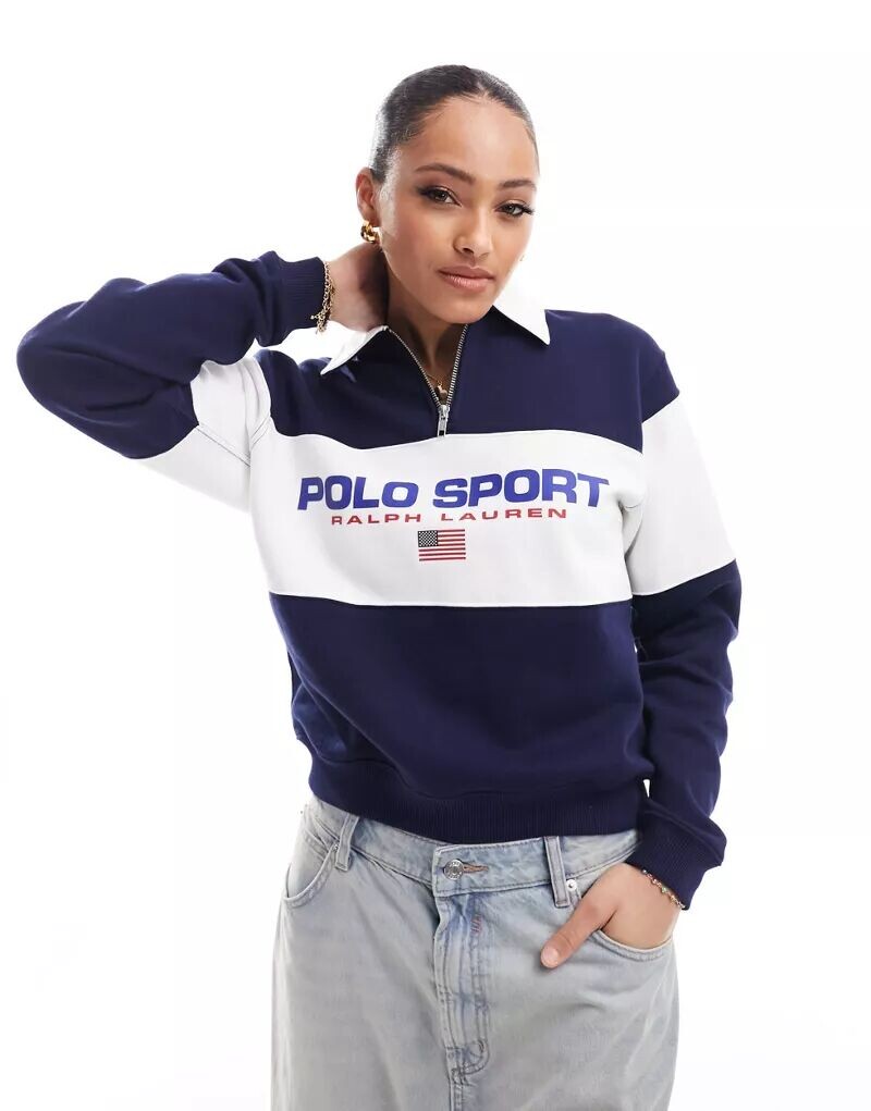 

Темно-синяя толстовка с молнией на половину длины и логотипом на груди Polo Ralph Lauren Sport Capsule